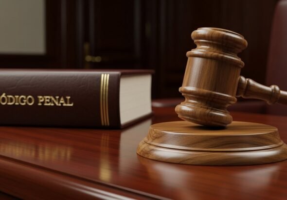Mazo de juez sobre una mesa de madera simbolizando la sentencia con el libro del código penal de fondo.
