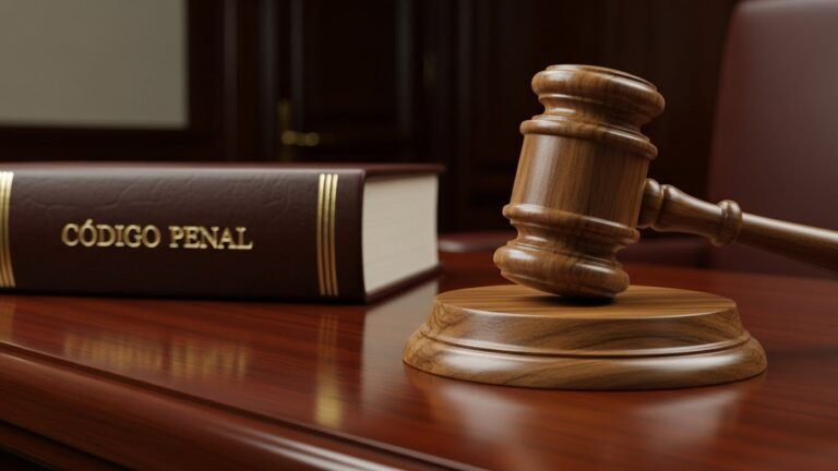 Mazo de juez sobre una mesa de madera simbolizando la sentencia con el libro del código penal de fondo.