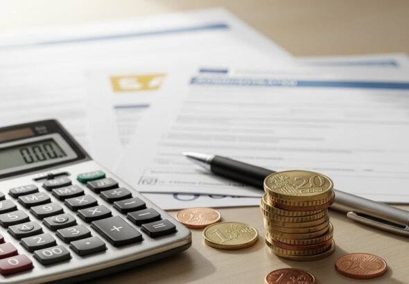 Primer plano de una calculadora y monedas de euro representando el cálculo de la nueva cuantía del Ingreso Mínimo Vital en 2026.