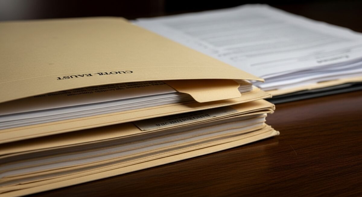 La Audiencia de Navarra reabre la investigación por la venta de una menor de 14 años para casarse Primer plano de carpetas y documentos legales de una investigación judicial en curso sobre la venta de una menor.