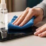 Limpiar la pantalla del móvil: 5 errores fatales que están destrozando tu cristal en 2026 Una persona limpiando la pantalla de su móvil en su casa con un producto especial y un paño de microfibra