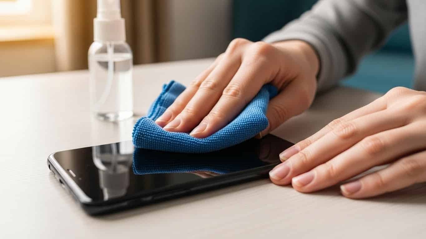 Limpiar la pantalla del móvil: 5 errores fatales que están destrozando tu cristal en 2026 Una persona limpiando la pantalla de su móvil en su casa con un producto especial y un paño de microfibra