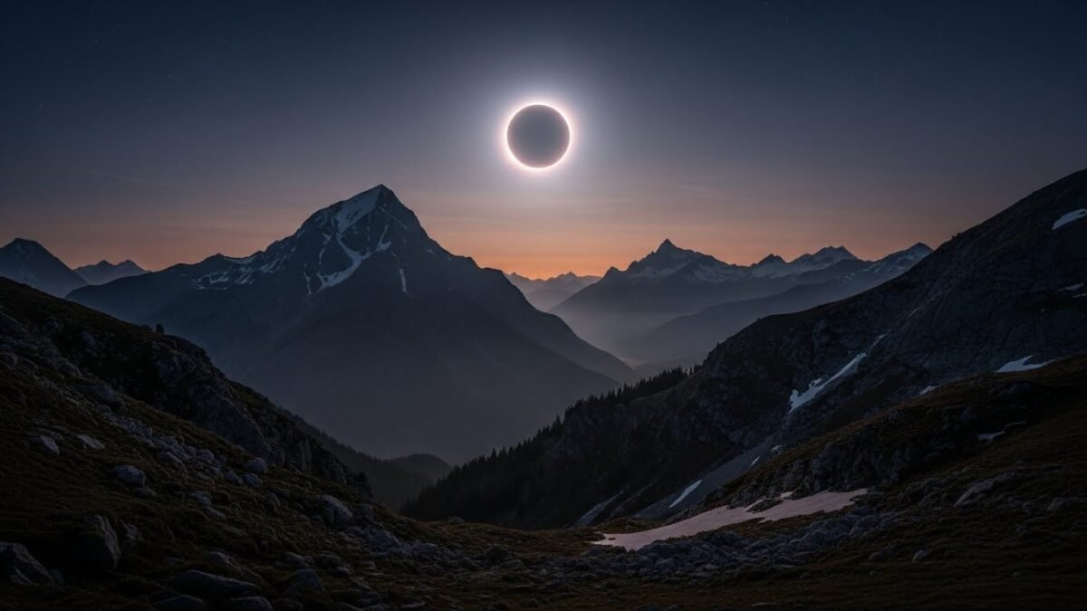 España vivirá una sucesión histórica de tres eclipses solares entre 2026 y 2028 Vista generada artísticamente sobre la visualización de un eclipse total desde lo alto de una montaña.