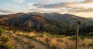 Vista panorámica al atardecer de un paisaje montañoso en Extremadura, mostrando laderas afectadas por incendios forestales con árboles calcinados y terreno oscuro que contrastan con zonas de vegetación verde, con un sendero rural en primer plano y una señal de madera que indica "Valle del Jerte"
