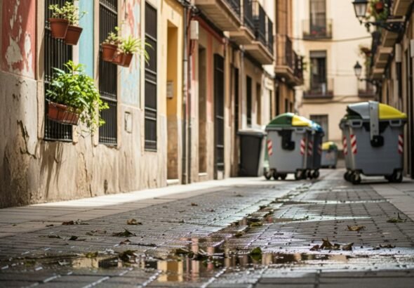 La imagen muestra una calle de Valencia un poco sucia con contenedores al fondo ilustrando la nueva ordenanza del ayuntamiento de valencia sobre residuos.