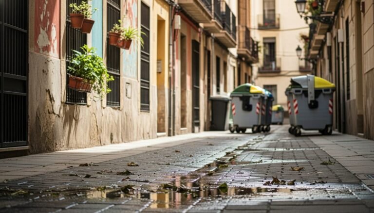 La imagen muestra una calle de Valencia un poco sucia con contenedores al fondo ilustrando la nueva ordenanza del ayuntamiento de valencia sobre residuos.