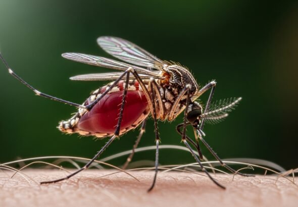 Primer plano de un mosquito alimentándose de sangre humana en un entorno selvático