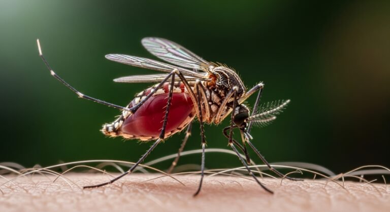 Primer plano de un mosquito alimentándose de sangre humana en un entorno selvático