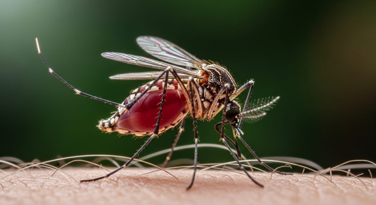 La pérdida de biodiversidad dispara los ataques de mosquitos a humanos en zonas deforestadas Primer plano de un mosquito alimentándose de sangre humana en un entorno selvático
