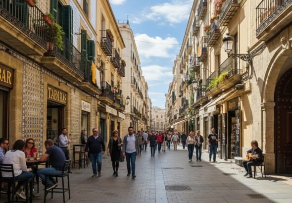 Vista aérea de una calle céntrica de València llena de gente, reflejando el aumento de la población