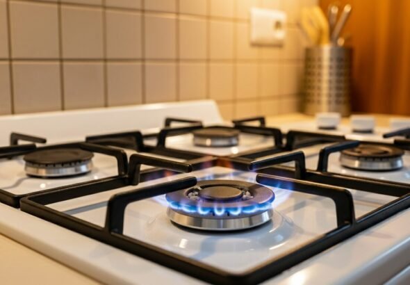 Imagen que muestra una cocina con fuegos de gas butano en una casa particular. con el primer fuego encendido.