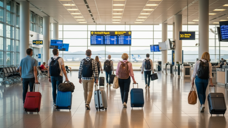 Imagen que muestra a turistas paseando por un aeropuerto de España.
