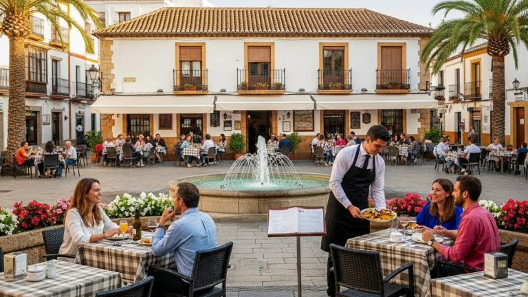 Recreación artística de una terraza de un restaurante con afiliados extranjeros trabajando en una ciudad de España.