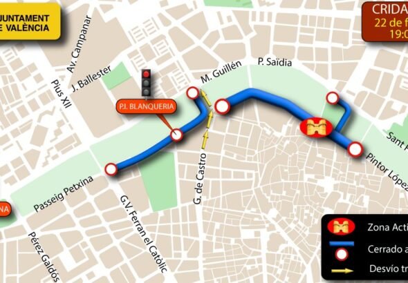 Mapa y señalización del dispositivo de tráfico en Valencia durante los eventos del fin de semana.