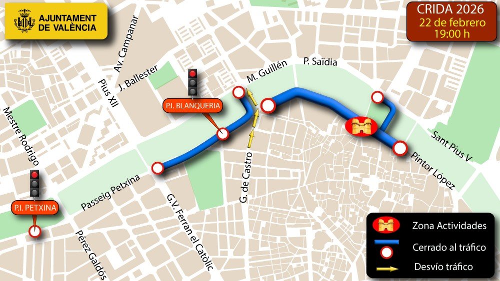 Restricciones de tráfico y cortes de vía en Valencia por la celebración de la Crida y el Duatlón Mapa y señalización del dispositivo de tráfico en Valencia durante los eventos del fin de semana.