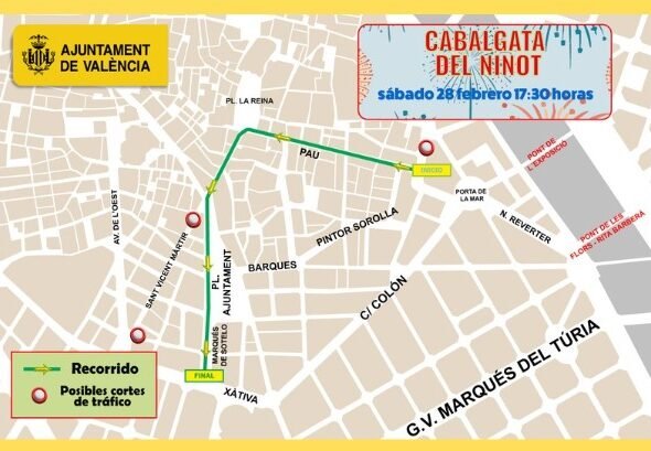 Plano de los cortes de Tráfico en Valencia por la cavalcada del ninot el 28 de febrero de 2026