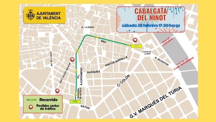 Plano de los cortes de Tráfico en Valencia por la cavalcada del ninot el 28 de febrero de 2026