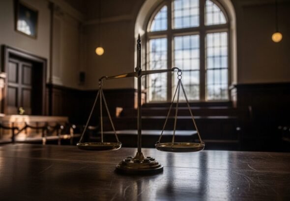 Imagen de la sala de un tribunal. Recreación digital artística.