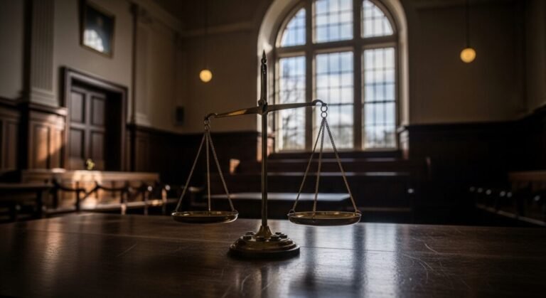 Imagen de la sala de un tribunal. Recreación digital artística.