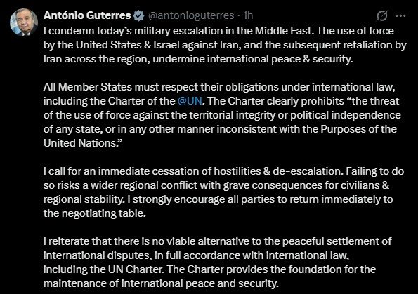 Varios líderes reaccionan tras los ataques a Irán Imagen del post en X de António Guterres de la UN.