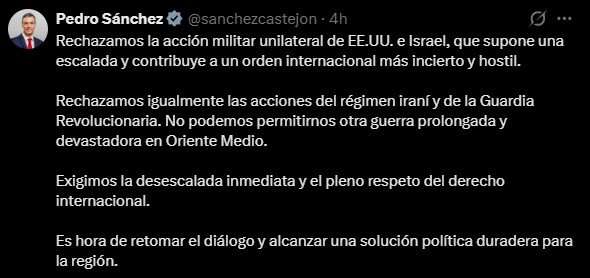 Varios líderes reaccionan tras los ataques a Irán Imagen del post en X publicado por Pedro Sánchez sobre la reacción del ataque a Irán.