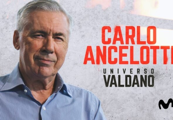 Retrato en primer plano de Carlo Ancelotti junto al título del programa Universo Valdano: Carlo Ancelotti.