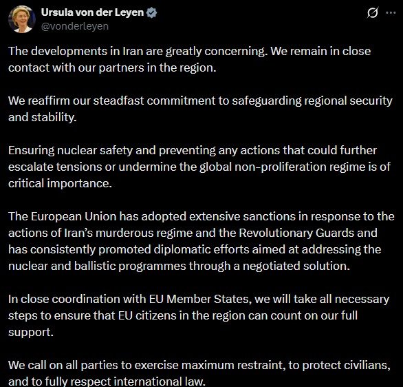 Varios líderes reaccionan tras los ataques a Irán Post de Ursula Von der Leyen, presidenta de la Comunidad Europea sobre los acontecimientos en Irán.