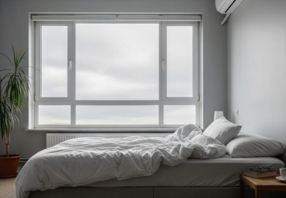 Imagen de una habitación con una cama en un día nublado.