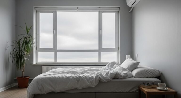 Imagen de una habitación con una cama en un día nublado.