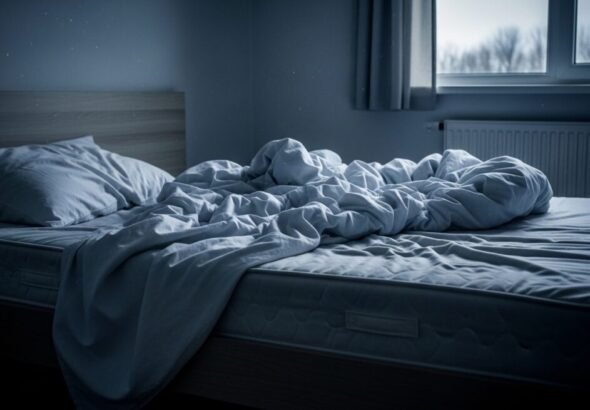 Imagne de un cuarto con una cama sin hacer en un ambiente frío.