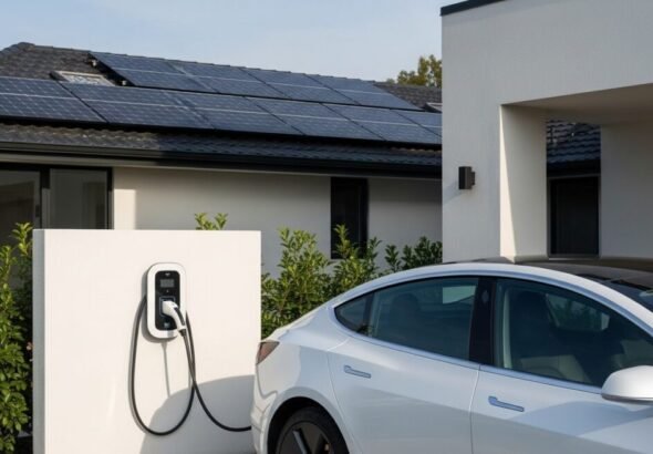 Vehículo eléctrico enchufado a un punto de recarga doméstico para aplicar la deducción fiscal.