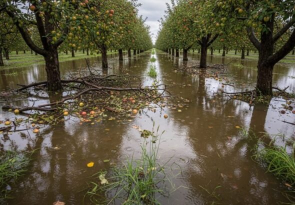 Recreación artística digital de una huerta inundada tras el paso de las borrascas Leonardo y Marta.