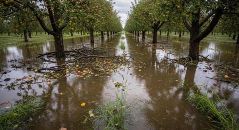 Recreación artística digital de una huerta inundada tras el paso de las borrascas Leonardo y Marta.