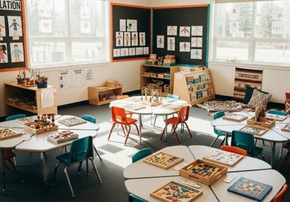 Aula de educación infantil preparada para recibir a los beneficiarios de las ayudas Escola Matinera.