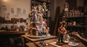 Trabajo en un taller de artista fallero para las Fallas de Valencia 2026.