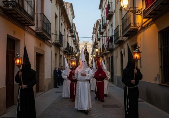 Fotografía de una calle estrecha del barrio del Cabanyal en València, despejada de coches y con estandartes religiosos.