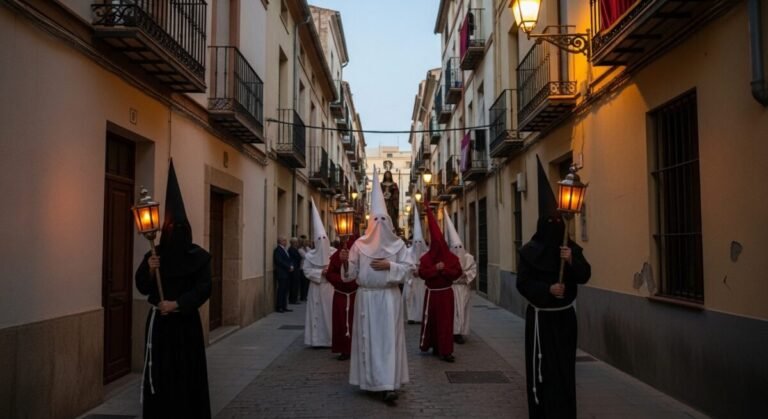 Fotografía de una calle estrecha del barrio del Cabanyal en València, despejada de coches y con estandartes religiosos.