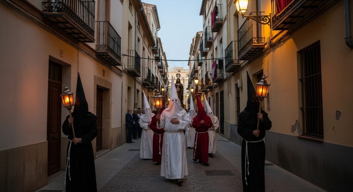Fotografía de una calle estrecha del barrio del Cabanyal en València, despejada de coches y con estandartes religiosos.