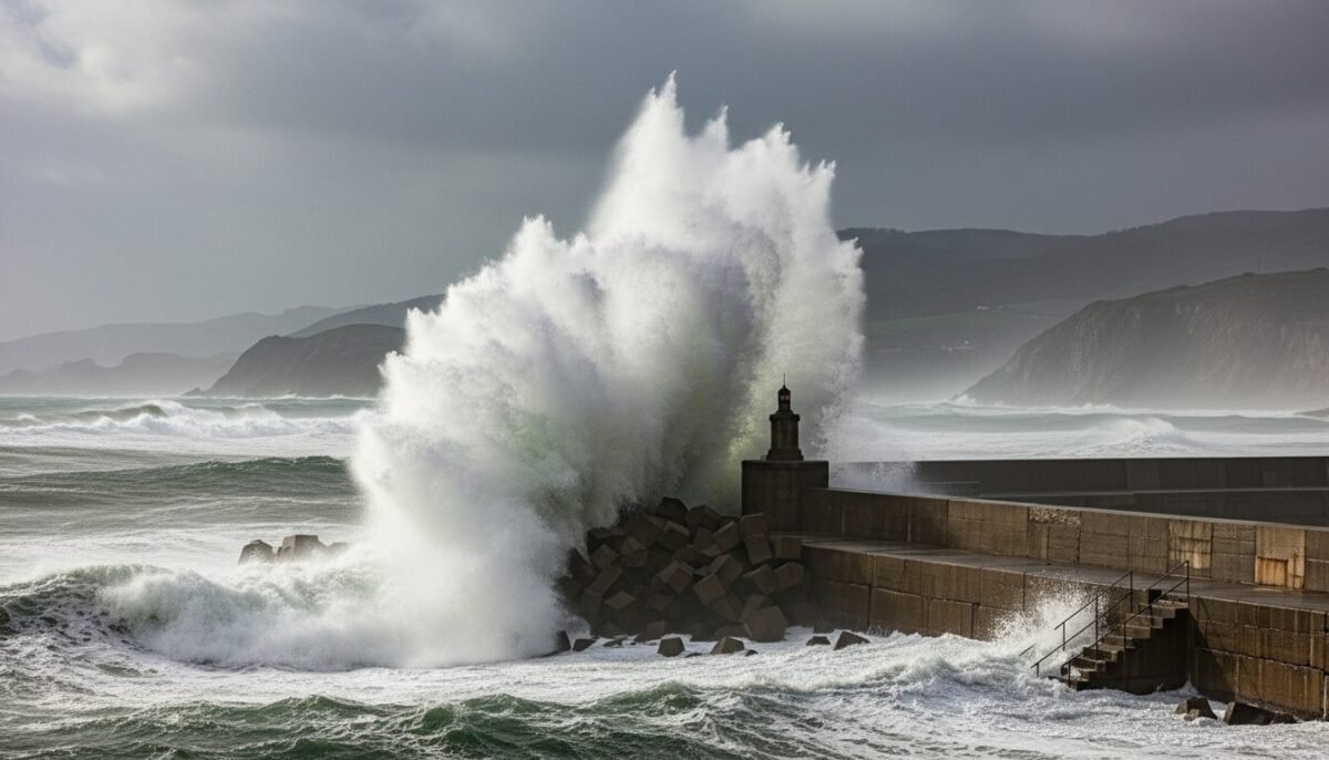 La borrasca Nils golpea la Península con lluvias fuertes en Galicia y rachas huracanadas en el Cantábrico Olas golpeando la costa durante el paso de la borrasca Nils.