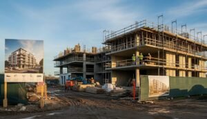 Una finca en construcción de la nueva oferta de vivienda pública de Casa47