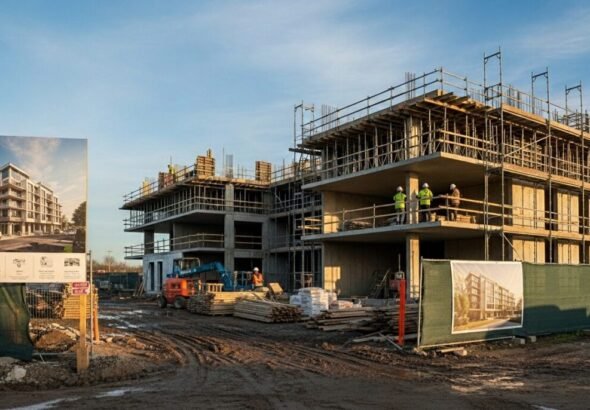 Una finca en construcción de la nueva oferta de vivienda pública de Casa47