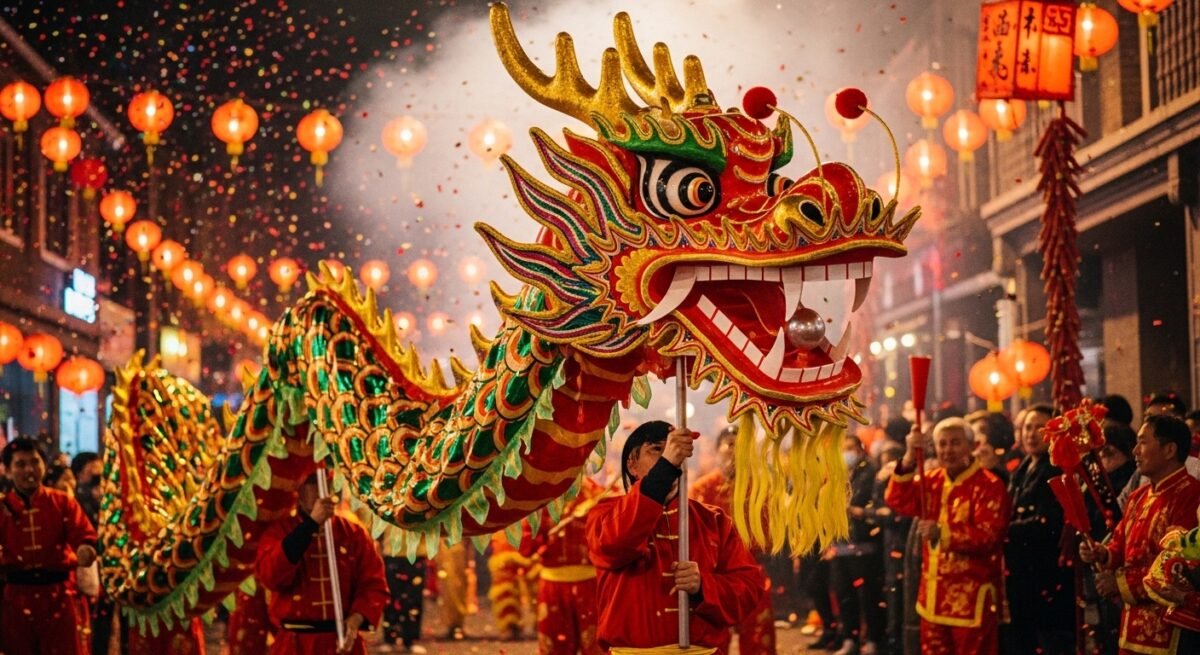 Valencia celebra la XV edición del Año Nuevo Chino con la Gran Cabalgata del Caballo de Fuego Danza del Dragón durante la celebración del Año Nuevo Chino en Valencia.