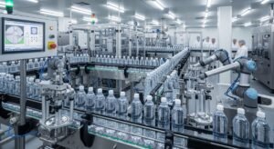 Línea de envasado de agua mineral en una de las empresas del Grupo Bebidas Naturales.