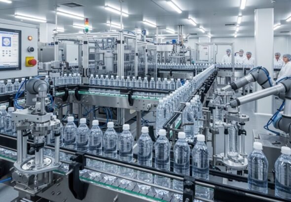 Línea de envasado de agua mineral en una de las empresas del Grupo Bebidas Naturales.