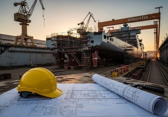 Operario revisando la normativa del convenio de Navantia frente a un buque en construcción.