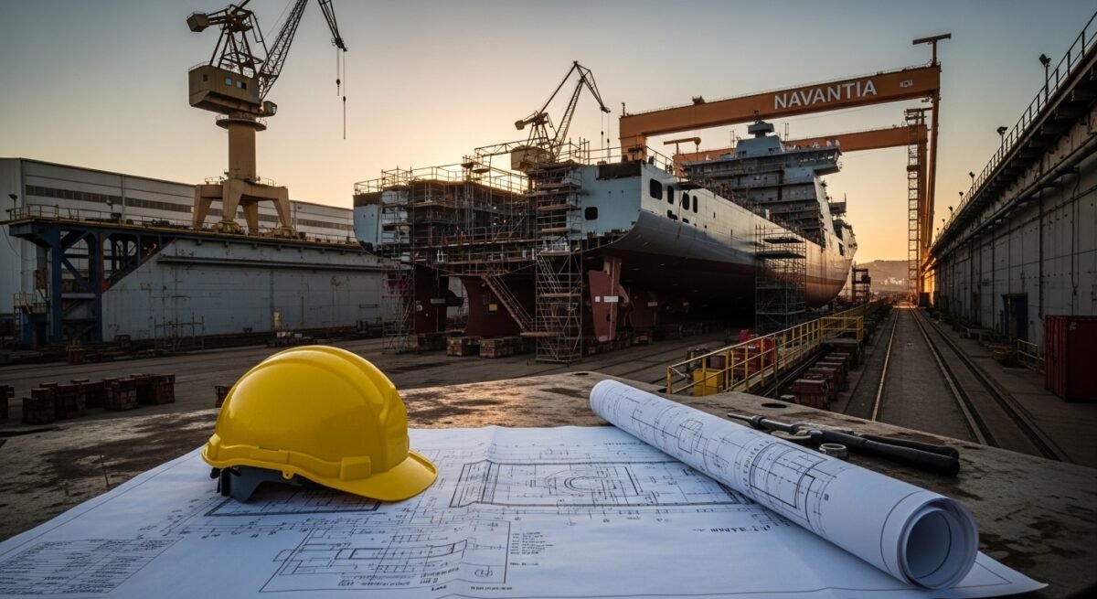 Navantia prorroga su convenio colectivo hasta 2029 con nuevas tablas salariales y medidas de igualdad Operario revisando la normativa del convenio de Navantia frente a un buque en construcción.
