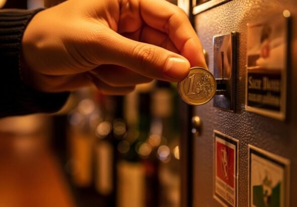 Una persona echando una moneda a una máquina de tabaco en un bar.