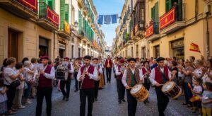 Banda de música desfilando en Valencia, actividad cubierta por el acuerdo de derechos de autor.
