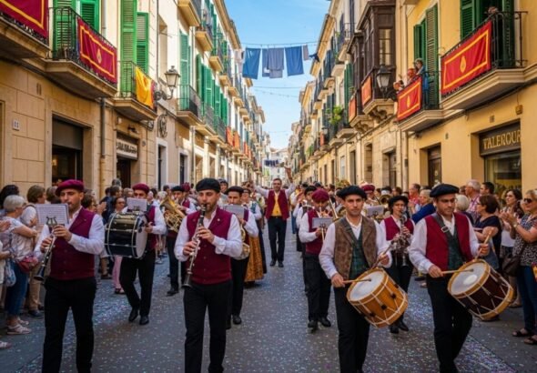 Banda de música desfilando en Valencia, actividad cubierta por el acuerdo de derechos de autor.