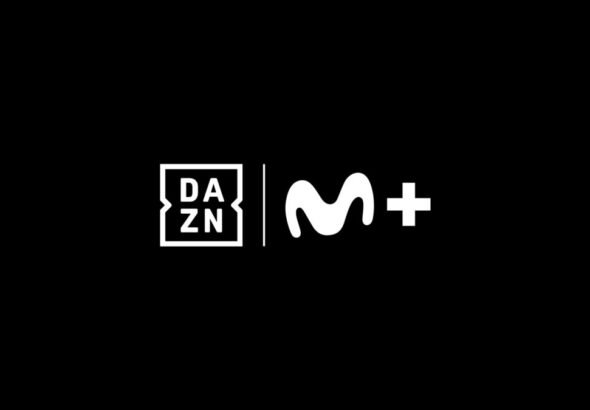 Logotipos oficiales de DAZN y Movistar Plus+ sobre fondo negro.